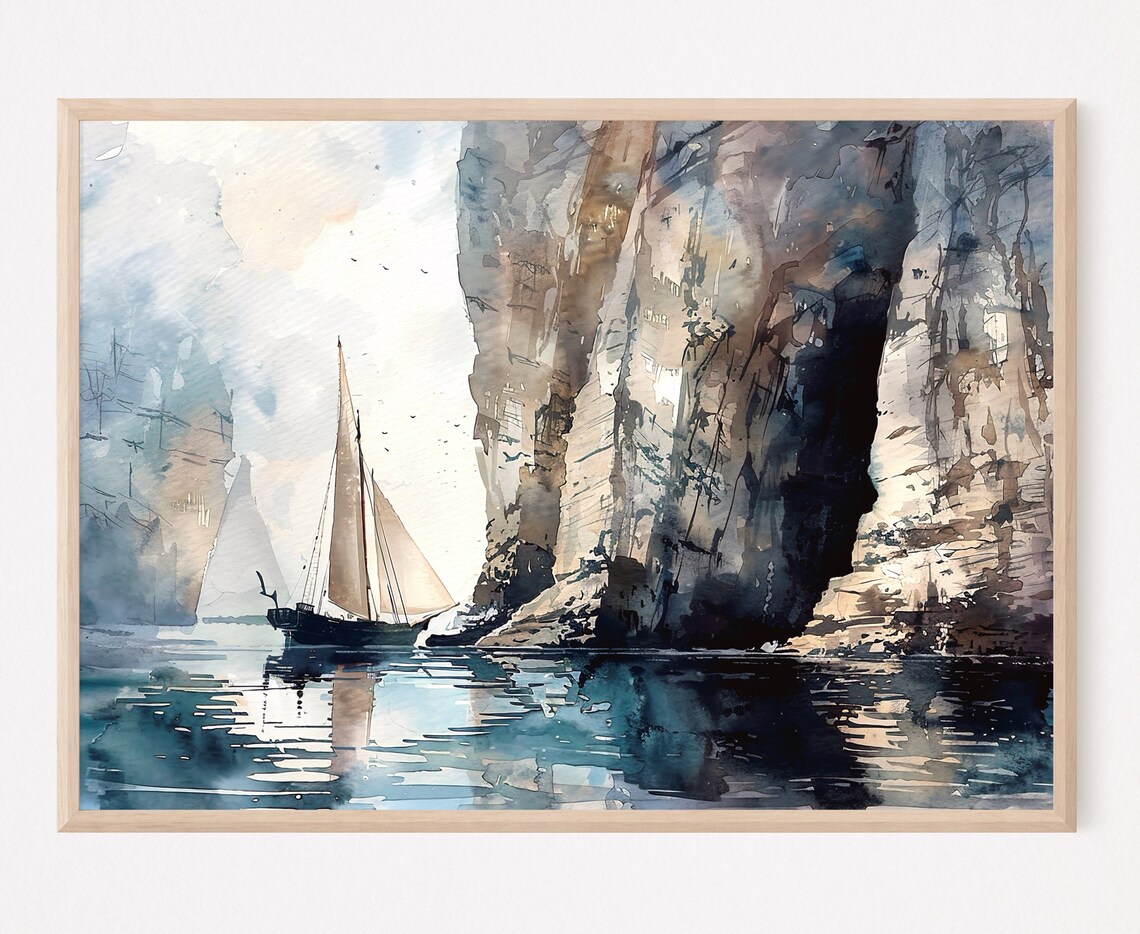 Sailboat Reflection Watercolor with Dark Cliffs and Teal Sea Poster