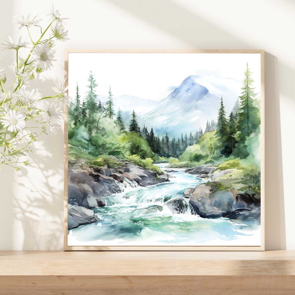 Rushing Mountain Stream Evergreen Forest Misty Peak Watercolor Poster - Image 4