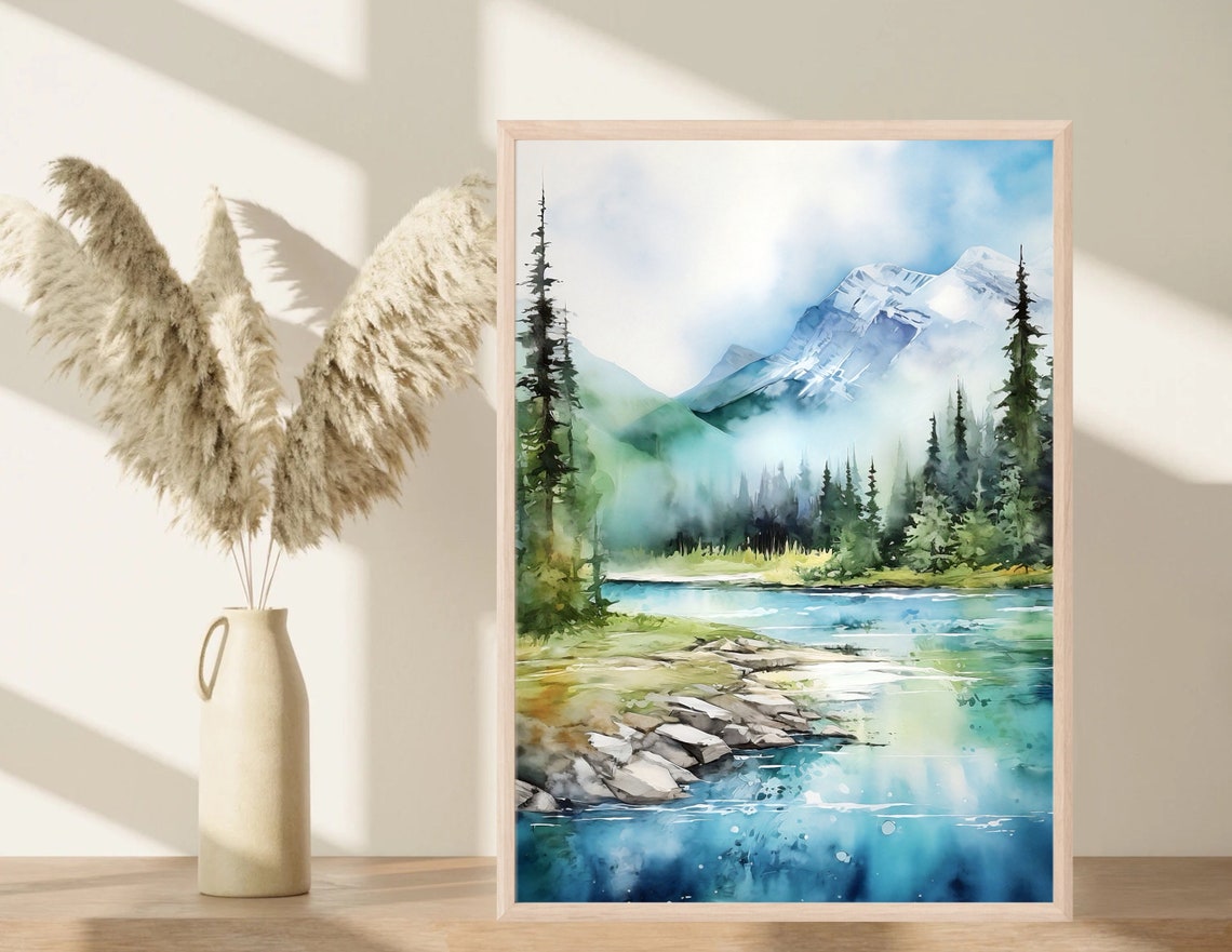 Banff National Park Snowy Peak Misty Pine River Watercolor Poster - Image 3