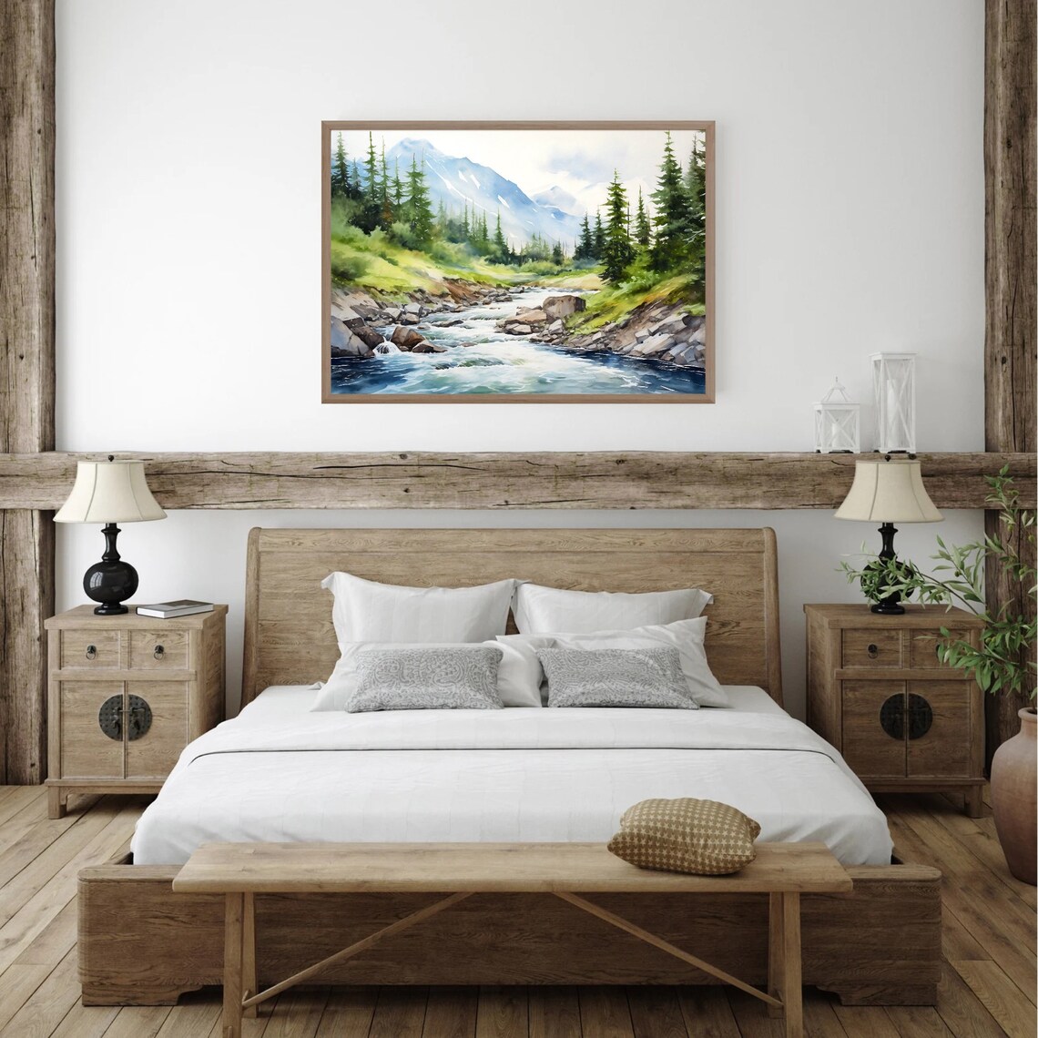 Mountain River Watercolor Pine Forest Wall Art Print - Image 3