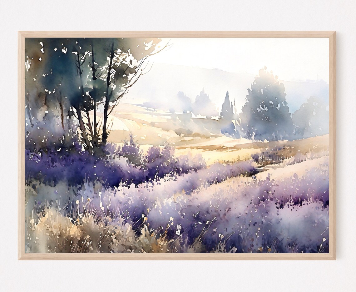Lavender Field at Dawn in Soft Morning Mist Watercolor Poster