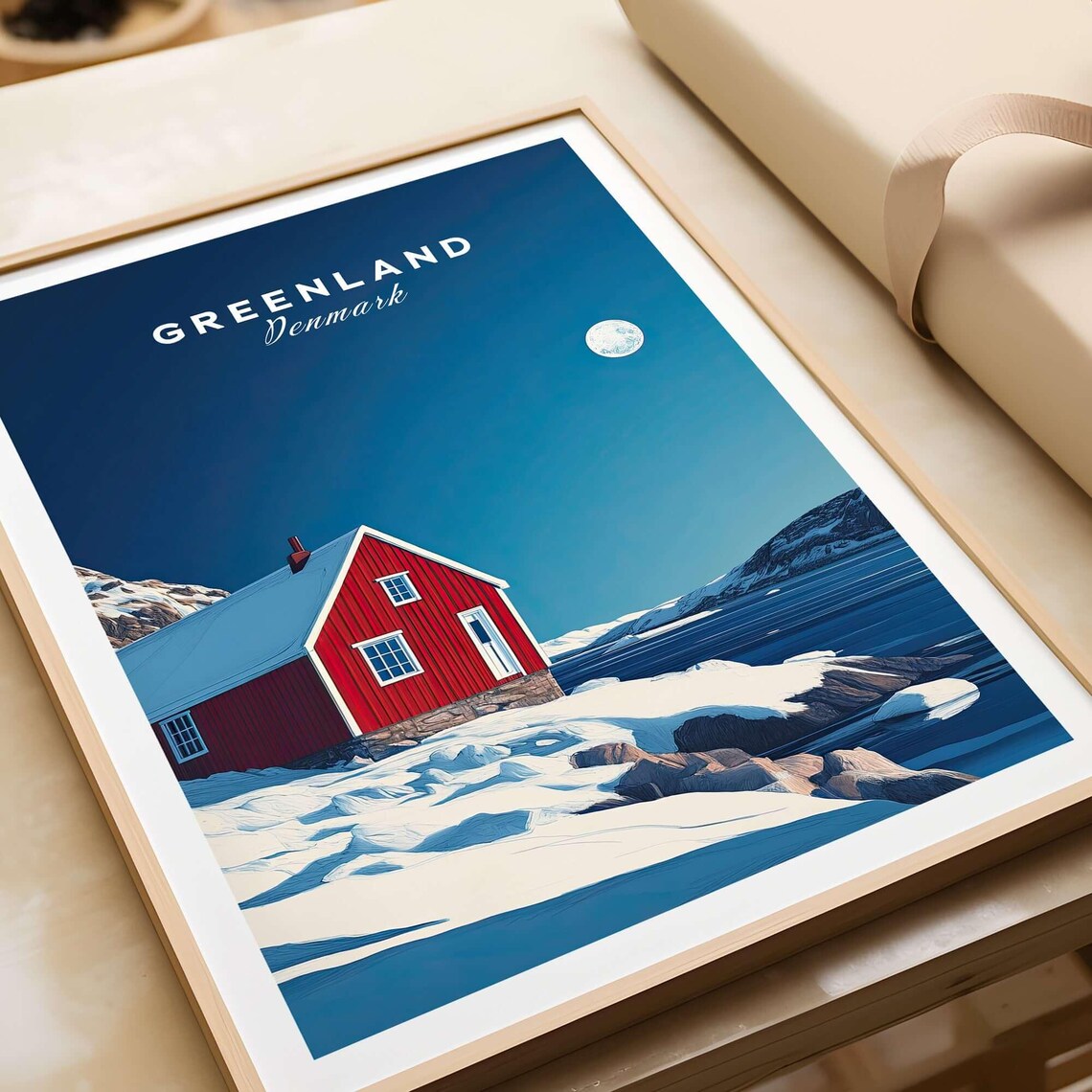 Greenland Denmark Red Cabin Moonlit Snow Vintage Travel Poster - Image 3