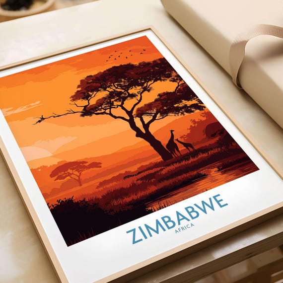 Zimbabwe Safari Sunset Poster African Wildlife Art Giraffe Wall Decor Nature Inspired Print Travel Gift Framed Home Artwork