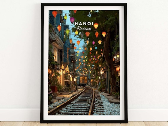 Hanoi Vietnam Train Street Lantern Scene Vintage Travel Poster