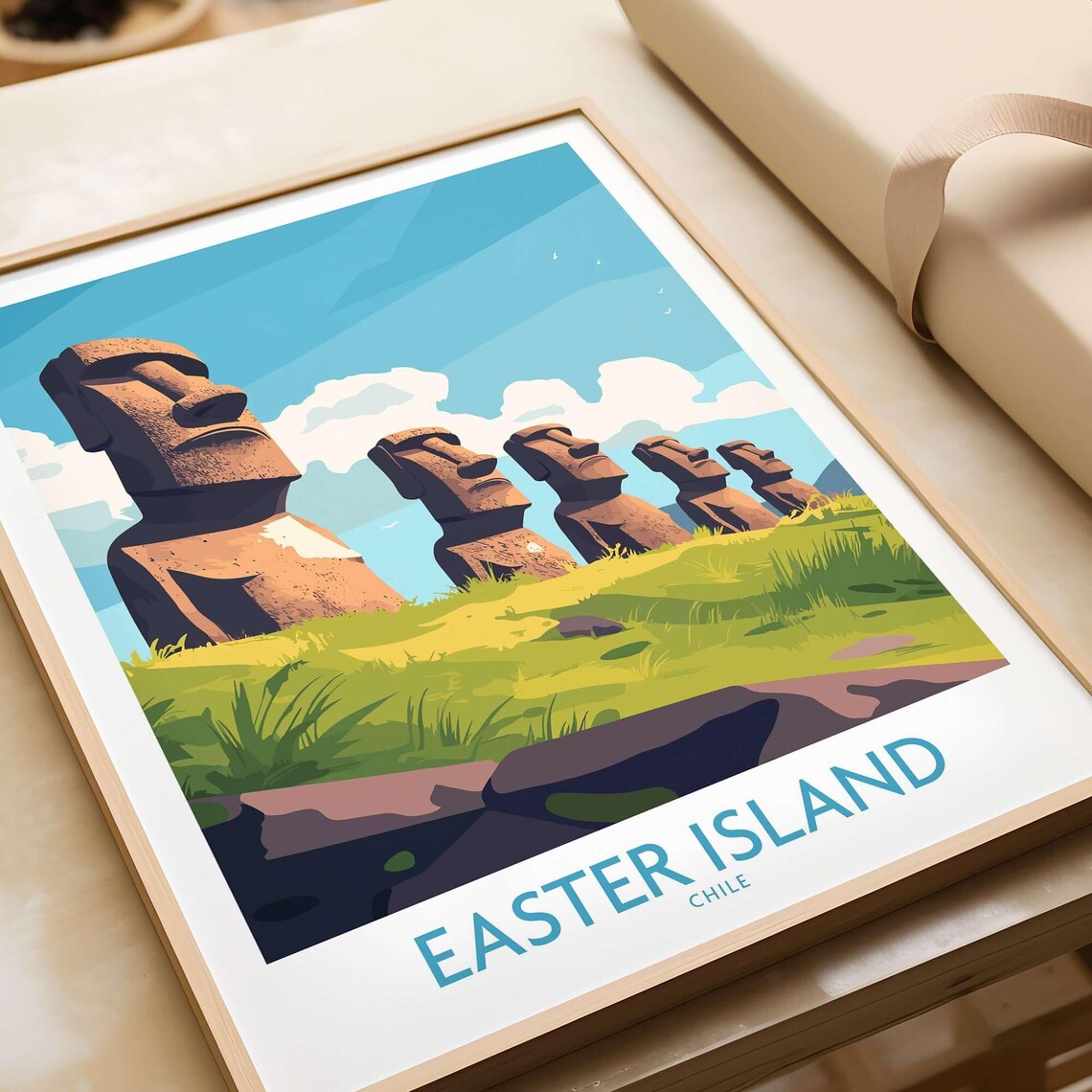 Easter Island Chile Moai Statues Green Hillside Travel Poster