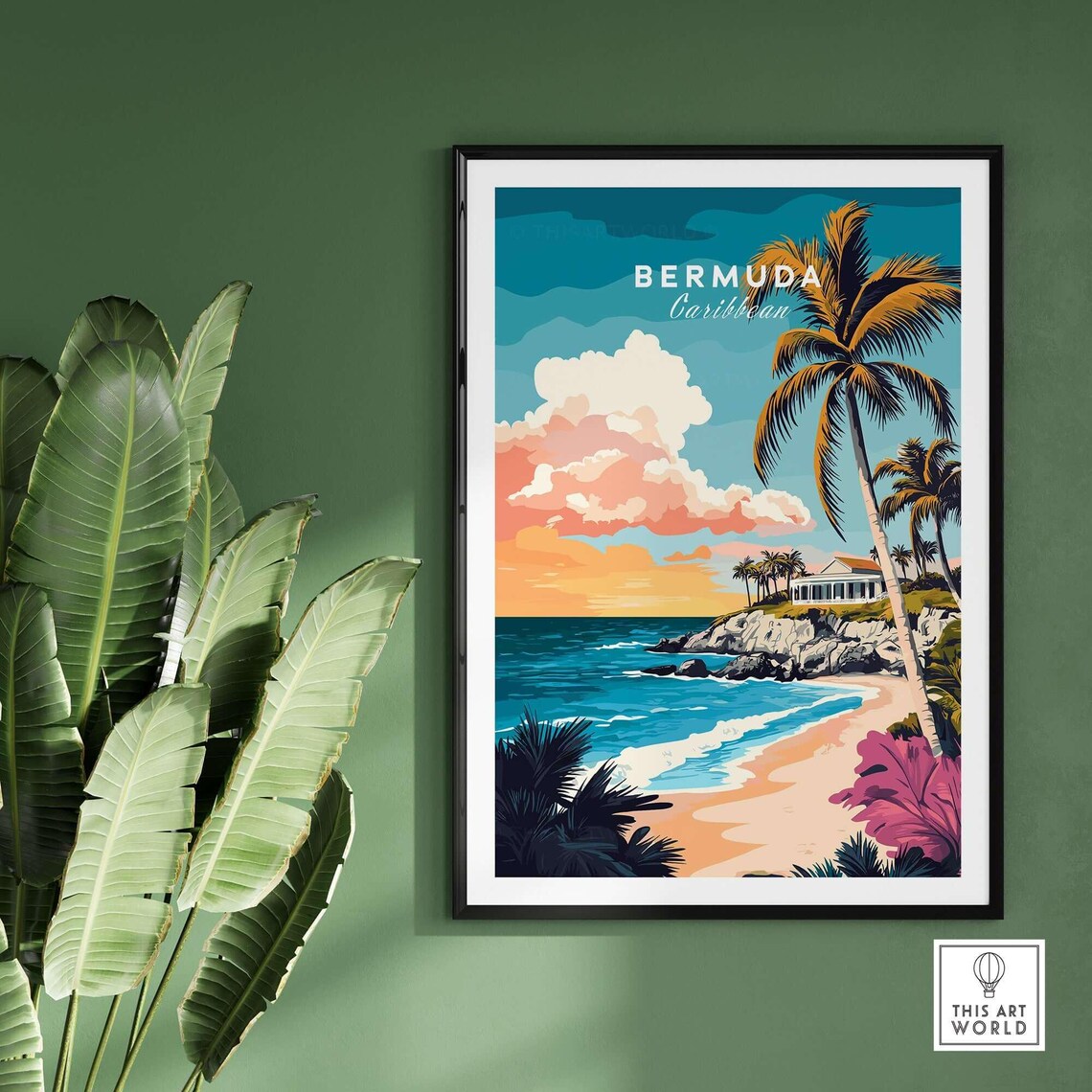 Bermuda Caribbean Sunset Beach Palm Tree And Ocean Villa Travel Poster - Image 2