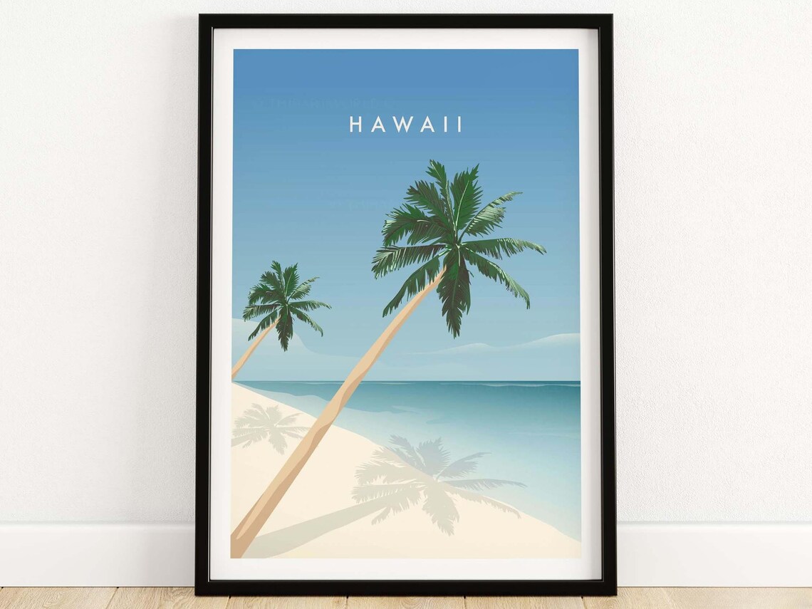 Hawaii Travel Poster, Beach Wall Art With Palm Trees