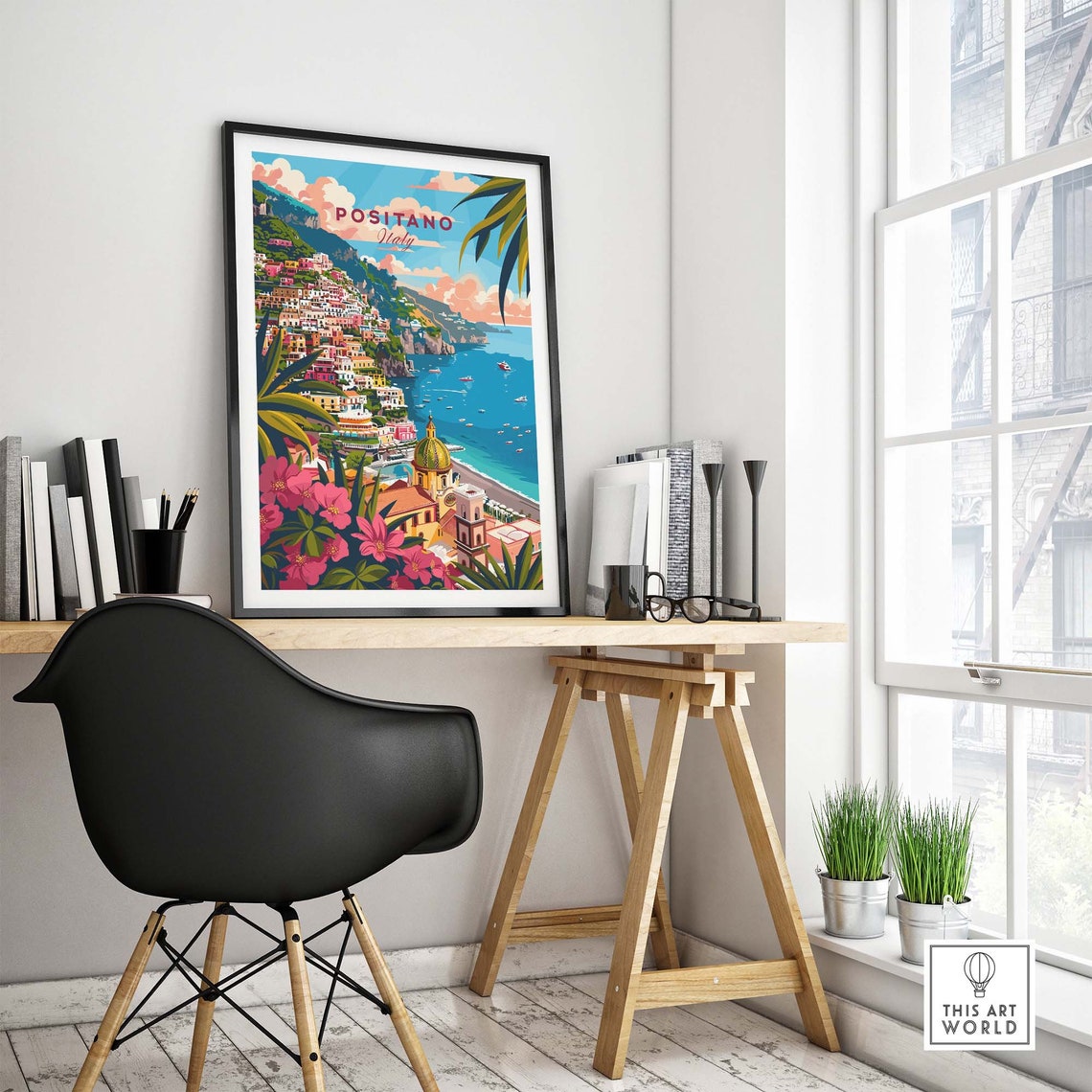 Positano Italy Amalfi Coast Cliff Town Pink Flower Seaside View Poster - Image 4