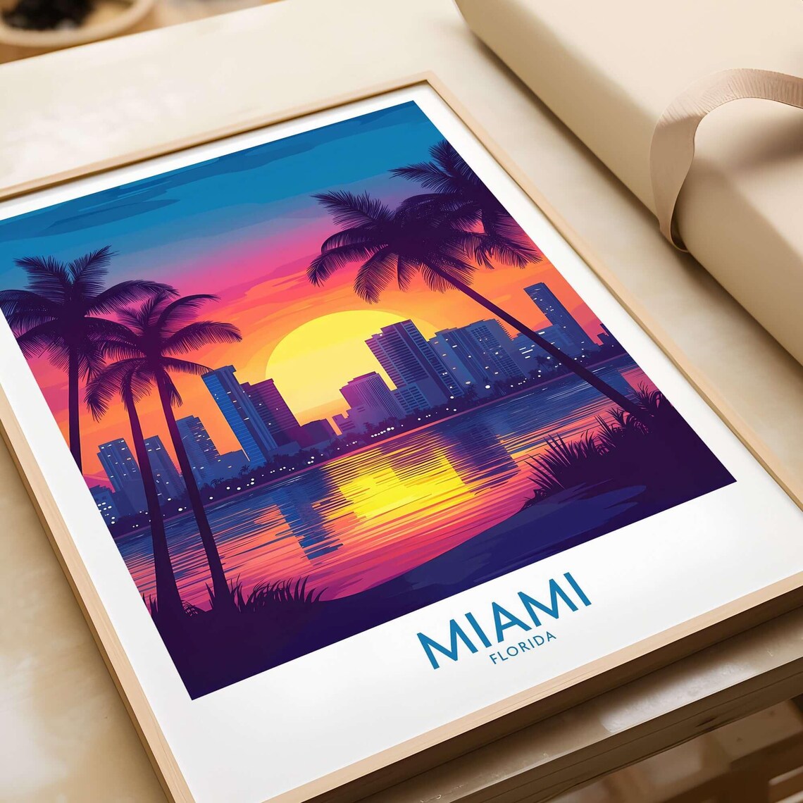Miami Florida Neon Sunset Skyline Palm Silhouette Travel Poster