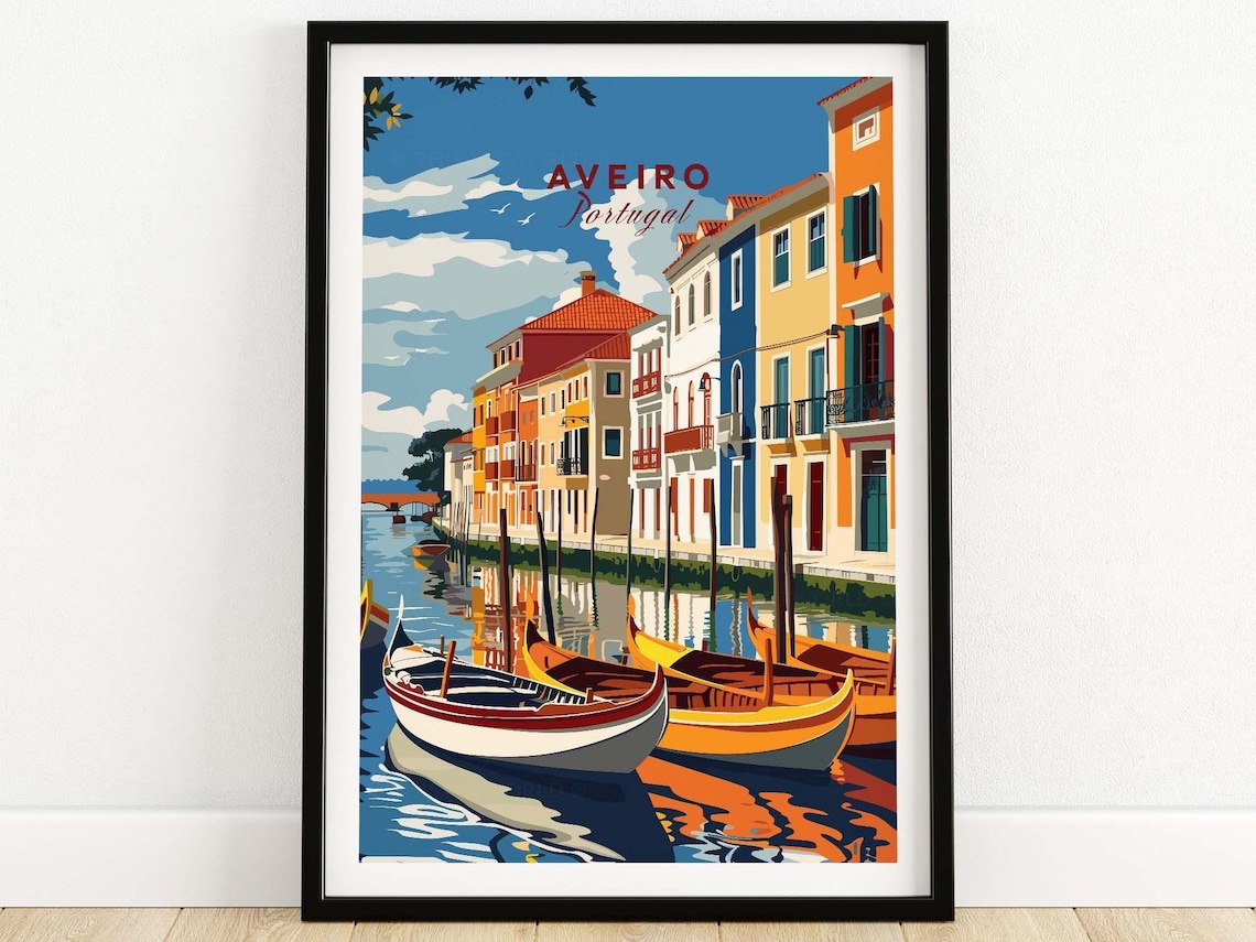 Sunny Aveiro Portugal Canal Boats Colorful Houses Retro Poster