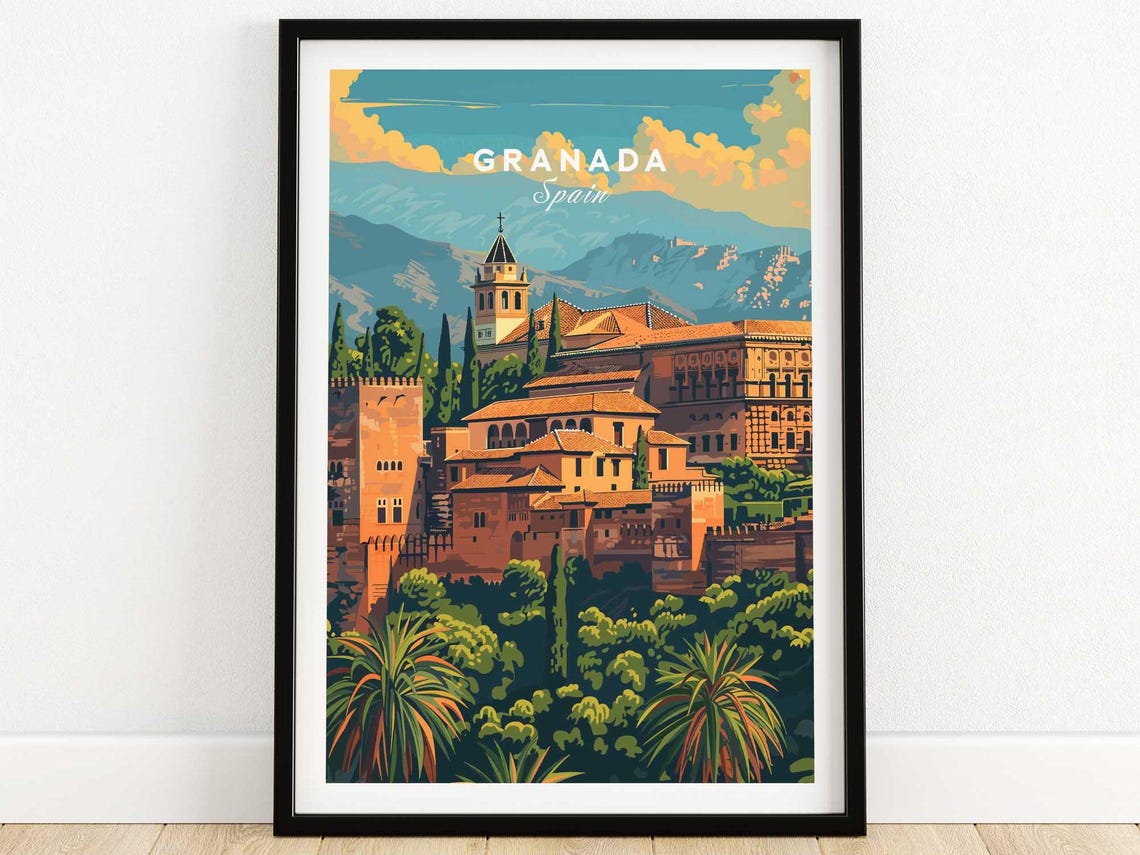 Granada Spain Alhambra Palace Daytime Mountain View Travel Poster