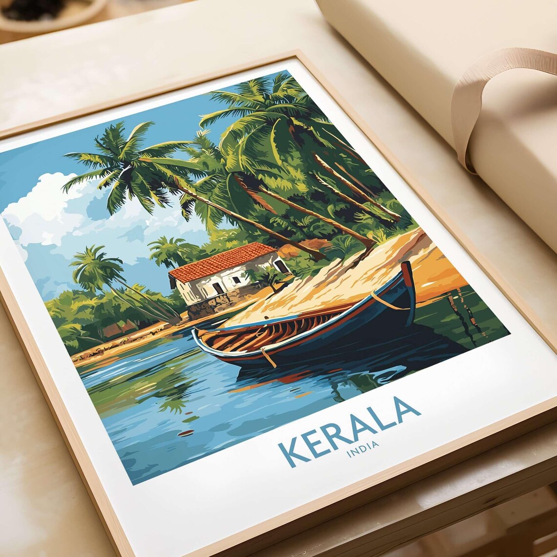 Kerala India Wooden Boat Backwaters Palms Vintage Travel Poster