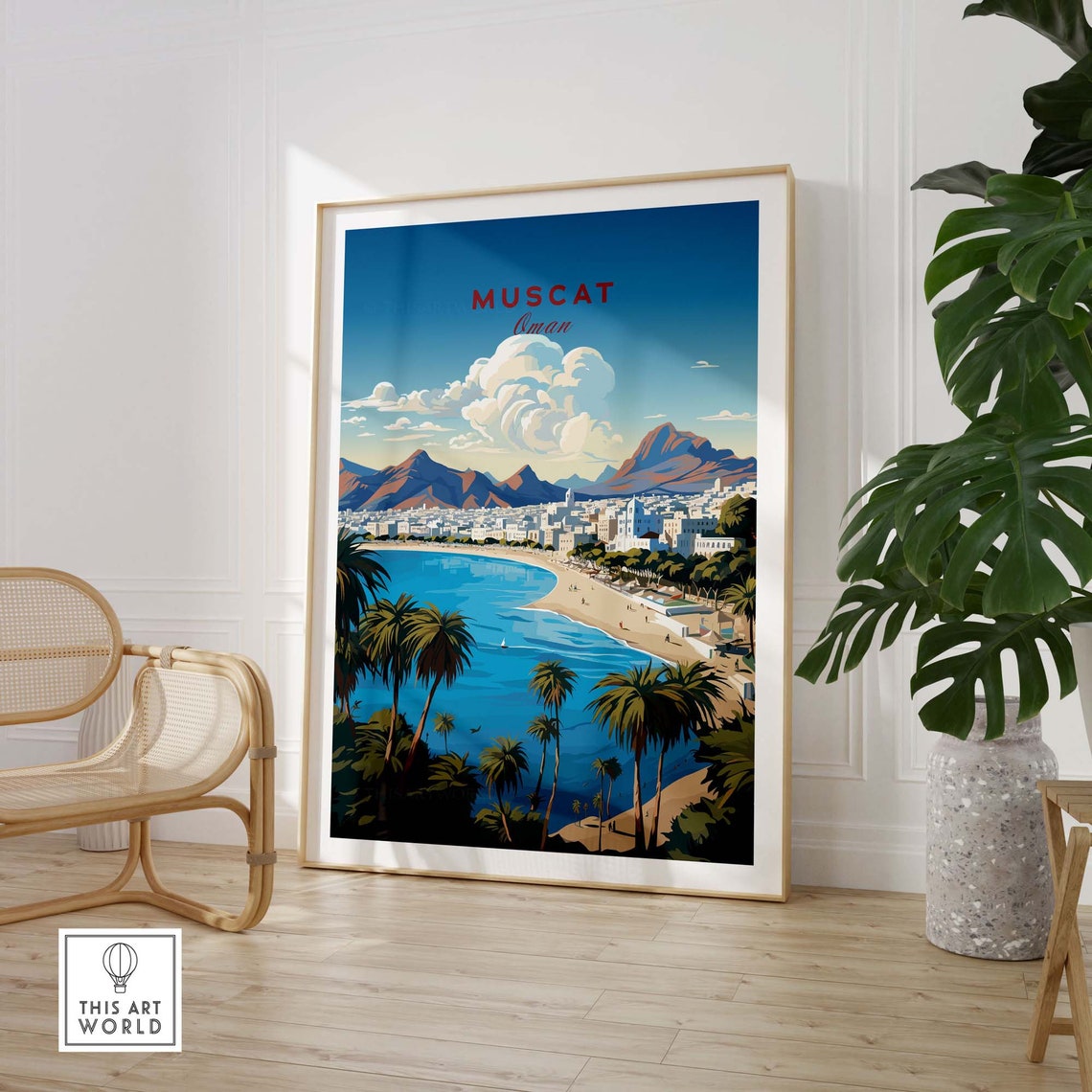 Muscat Oman Corniche Beach Palms Mountain Coast Travel Poster - Image 2