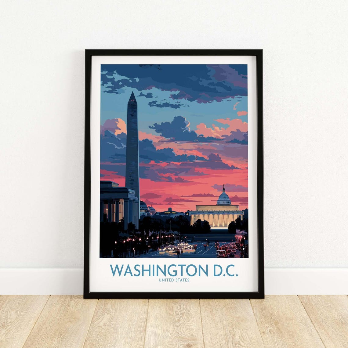 Washington DC Sunset Skyline Monument Illustrated Travel Poster