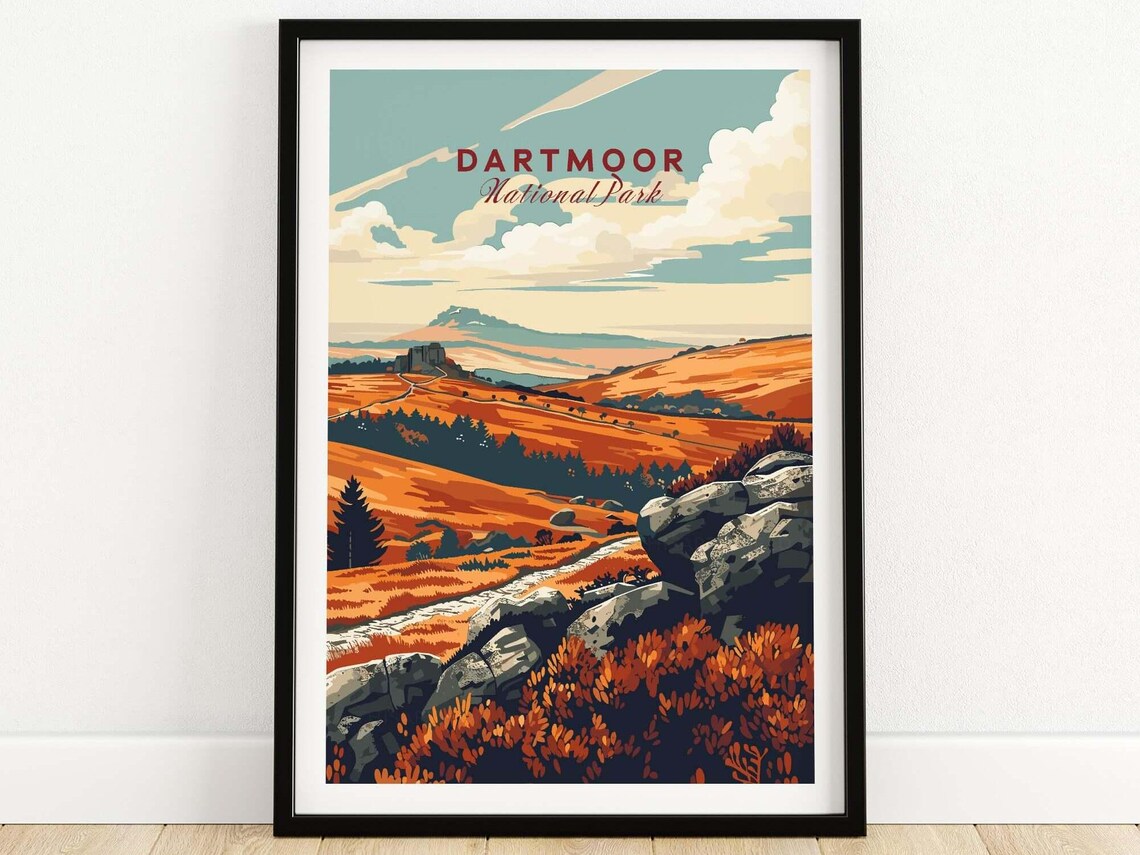 Dartmoor National Park Golden Moorland Hills Vintage Travel Poster