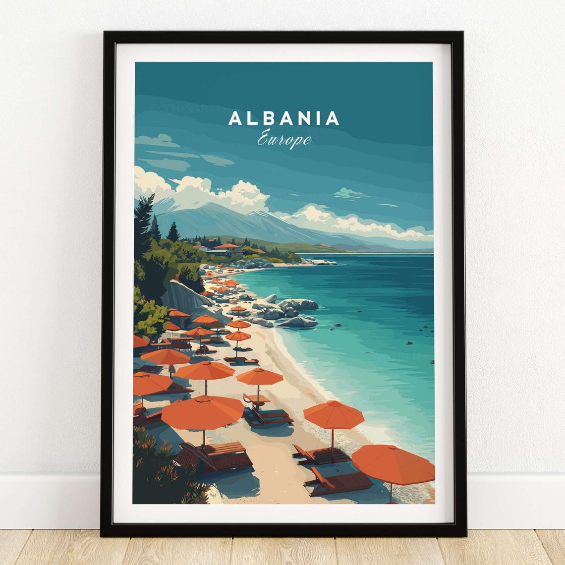 Albania Beach Travel Poster With Orange Umbrellas Turquoise Sea Europe