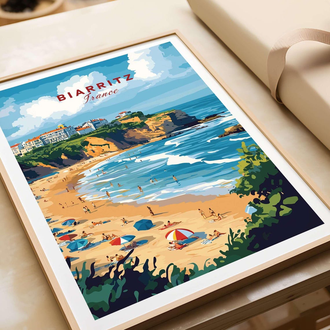 Biarritz France Sandy Beach Umbrellas Cliffs Waves Travel Poster - Image 4