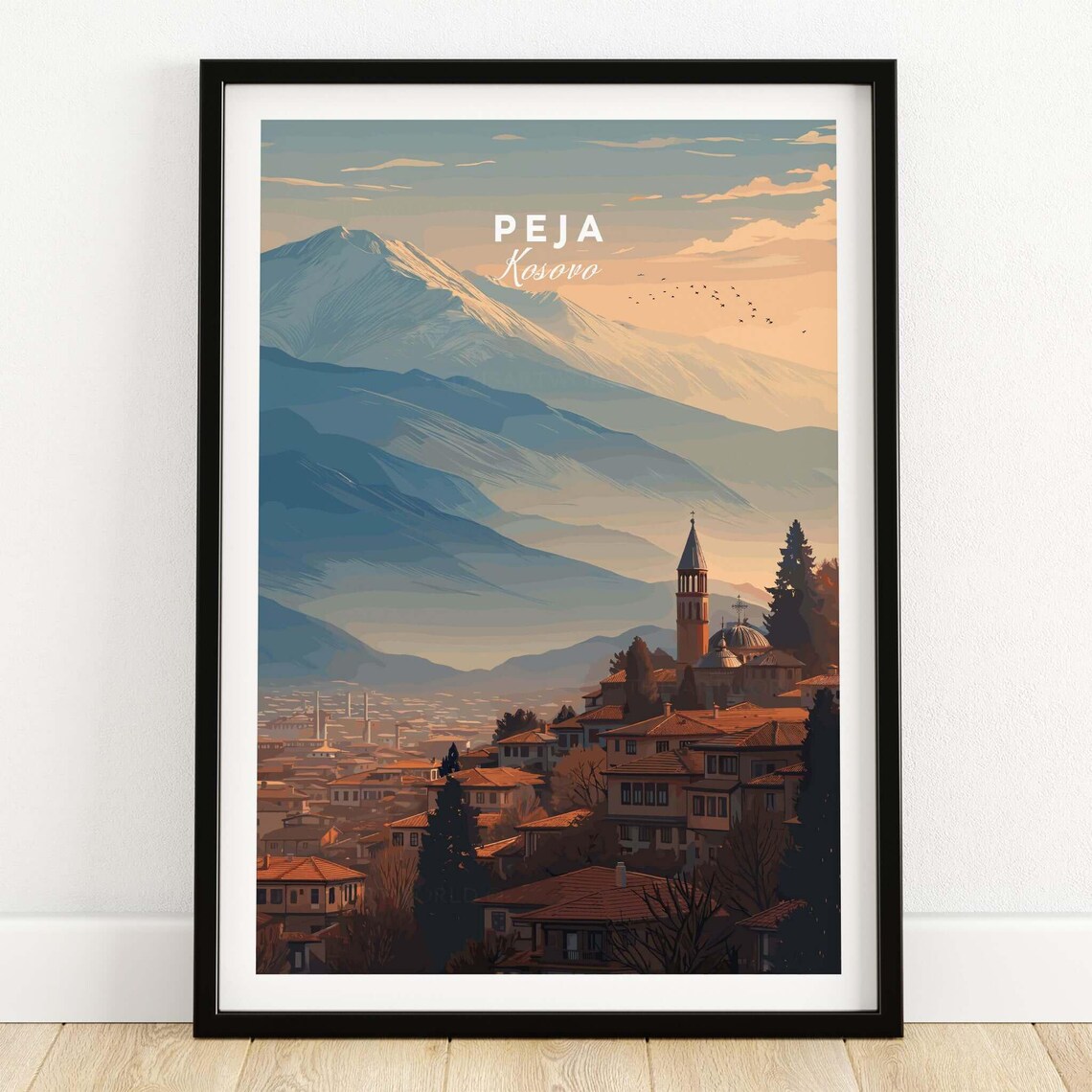 Peja Kosovo Old Town Mosque Mountain Sunset Balkan Travel Poster