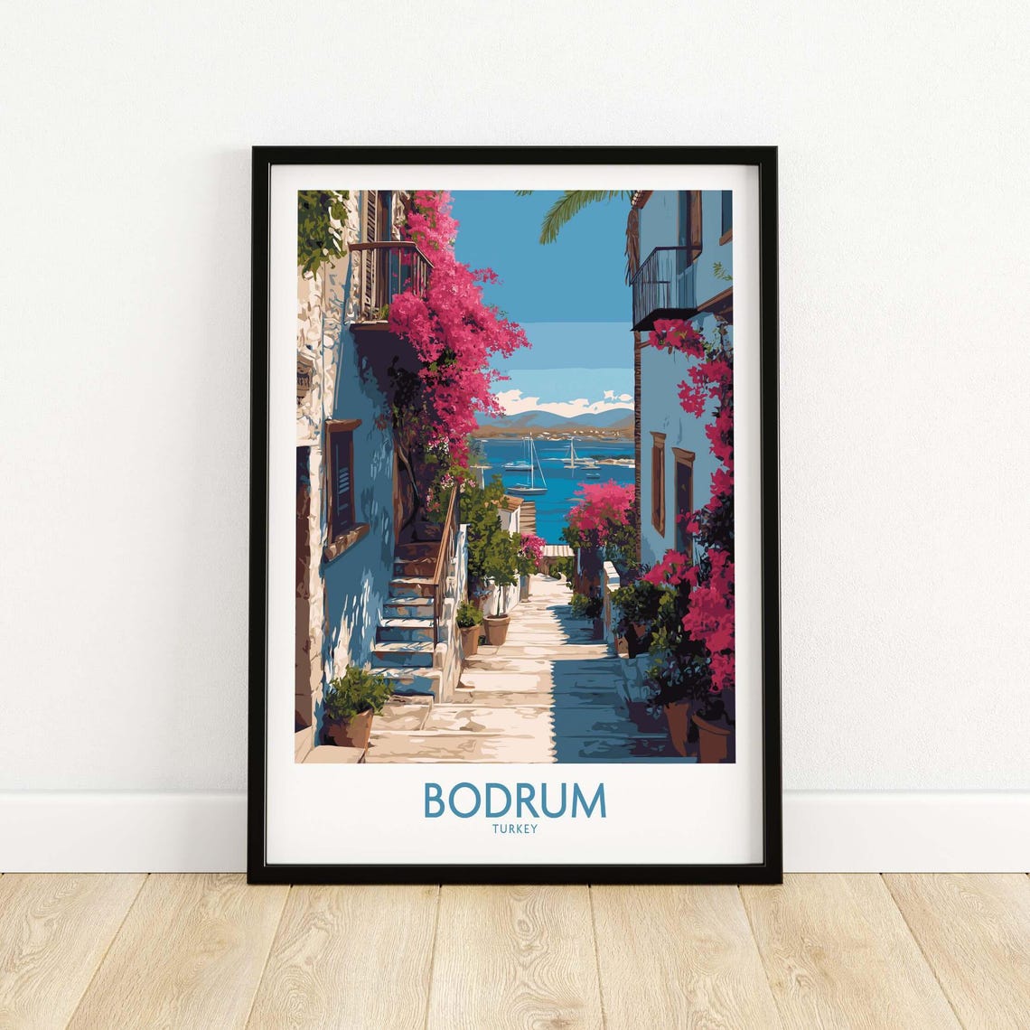 Bodrum Turkey Floral Alleyway Seaside View Travel Art Poster