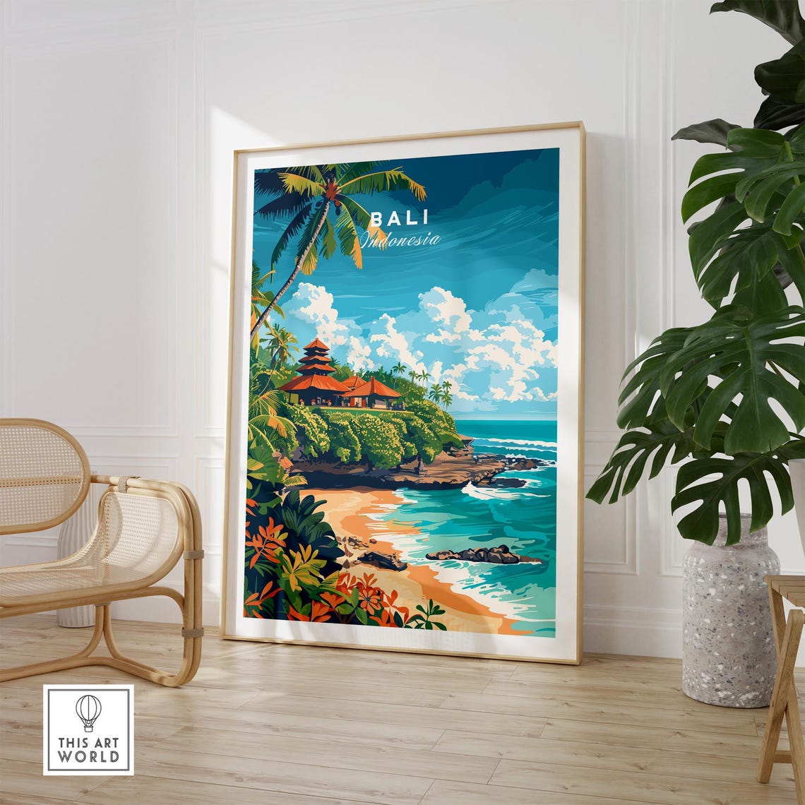 Bali Indonesia Cliff Temple Palm Beach Tropical Sunset Poster - Image 2