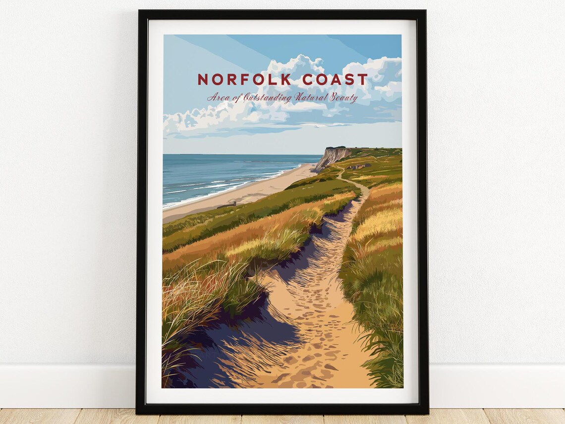 Sunny Retro Norfolk Coast England Dune Path Grass Sea View Poster