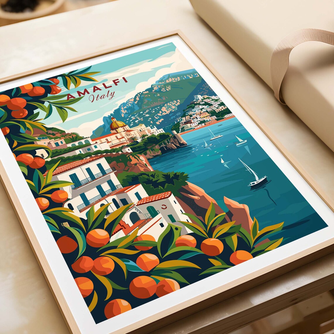 Amalfi Italy Orange Grove Cliffside Coast Sailboats Travel Poster