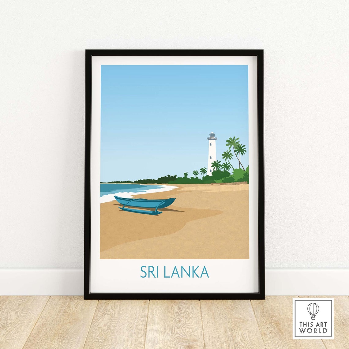 Sri Lanka Lighthouse Beach Canoe Island Illustration Travel Poster