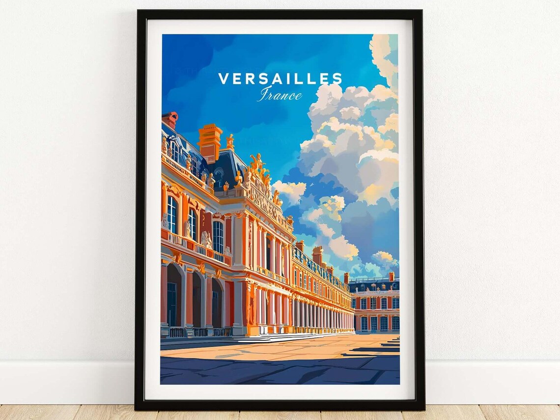 Versailles France Palace Facade Golden Statues Blue Sky Travel Poster