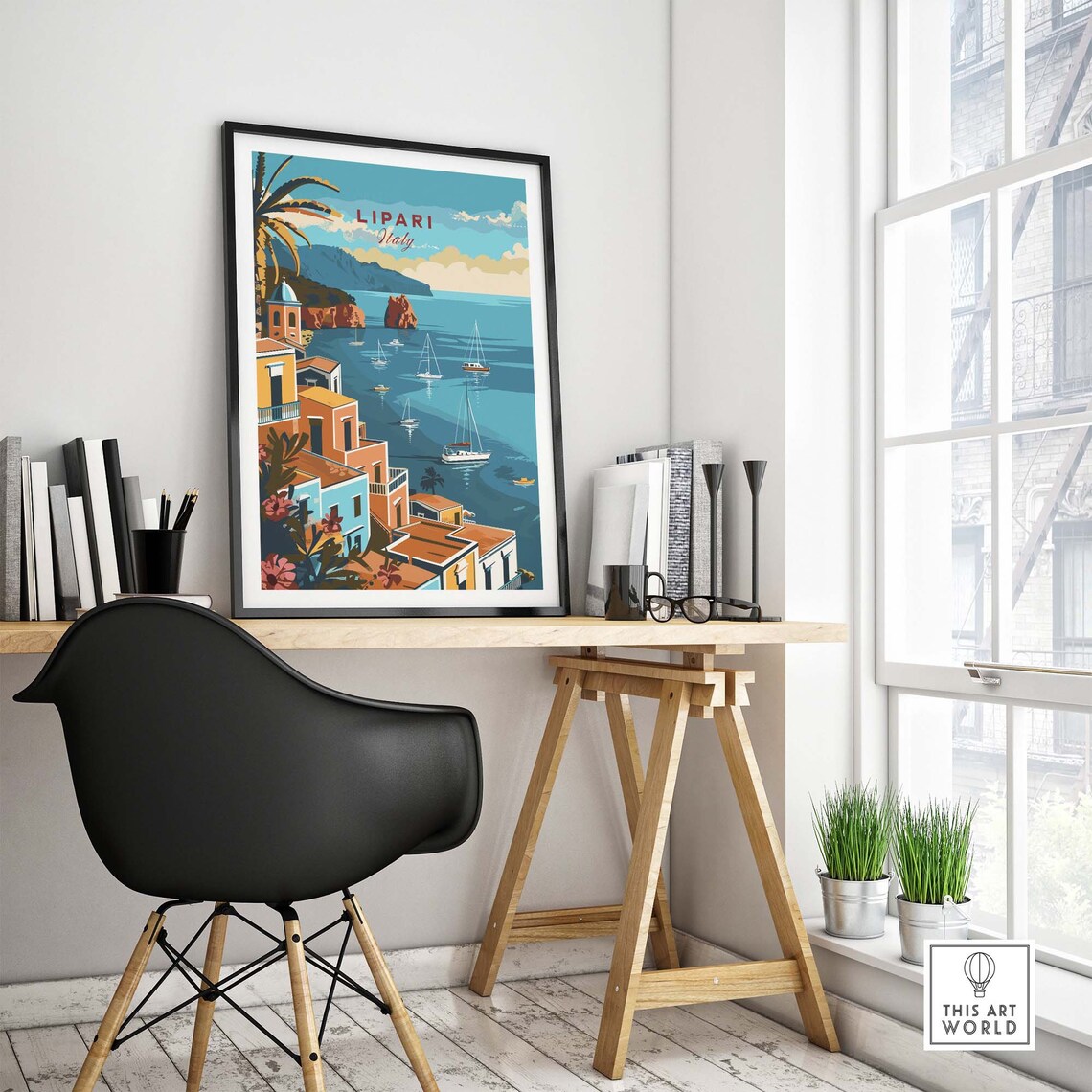 Lipari Italy Aeolian Islands Cliffside Harbor Sailboats Poster - Image 4