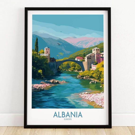 Albania Stone Bridge Art Print Mountain River Scene Framed Or Unframed