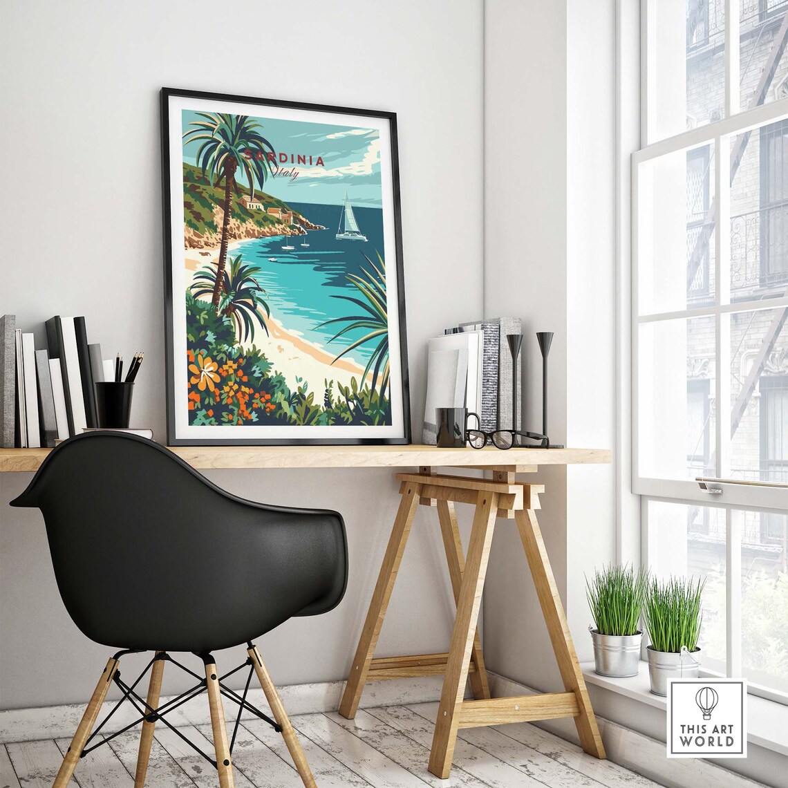 Sardinia Italy Tropical Cove Beach Palms Sailboats Art Poster - Image 4