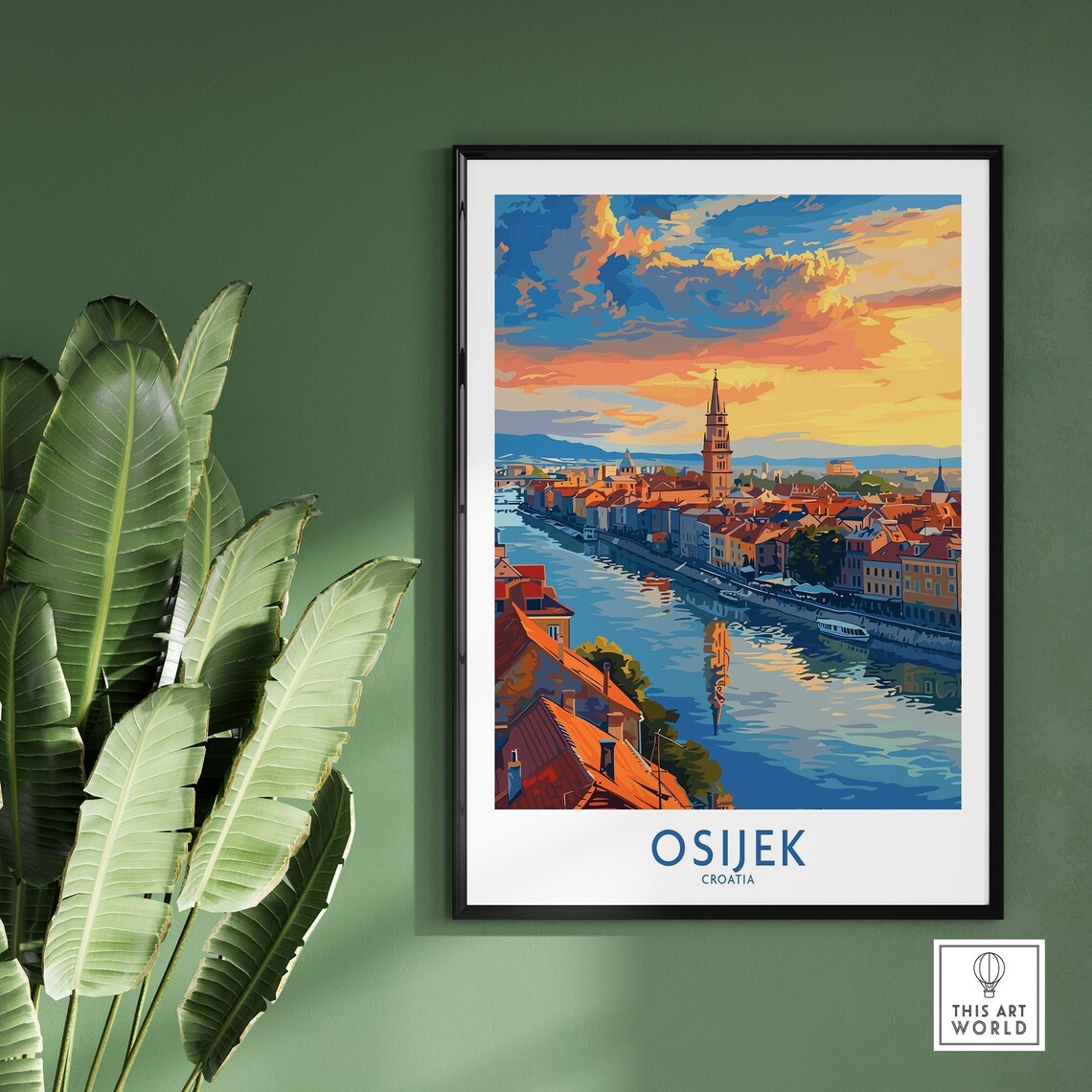 Osijek Croatia Sunset River Boats Church Tower Rooftops Travel Poster - Image 2
