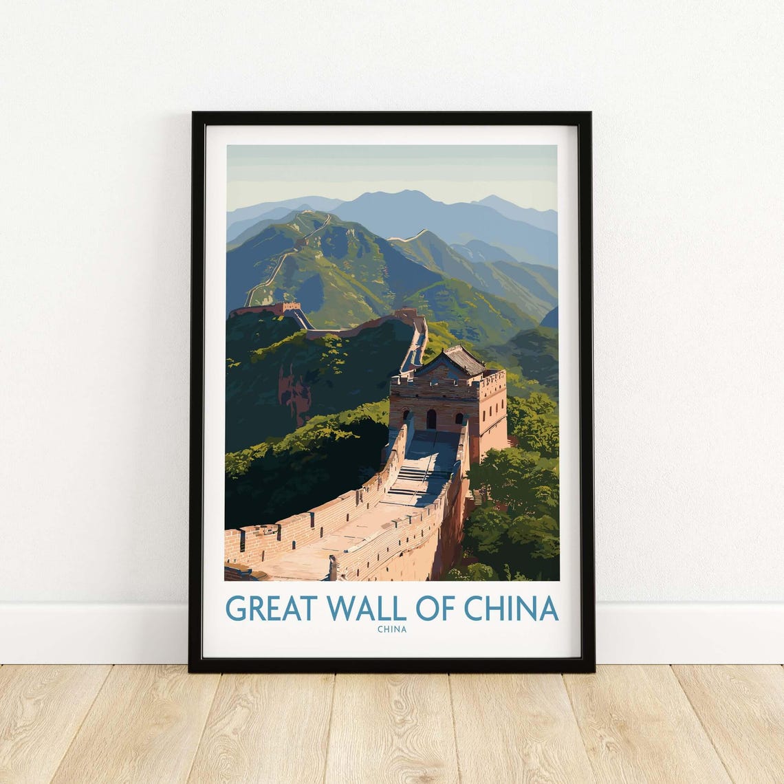 Great Wall of China Watchtower Poster with Daytime Mountain Panorama