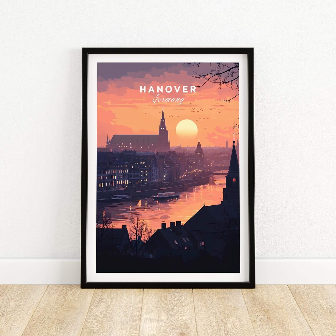 Hanover Germany River Sunset Skyline City Artwork Travel Poster