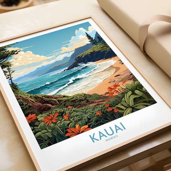Kauai Hawaii Tropical Beach Waves Cliffs Floral Artwork Poster
