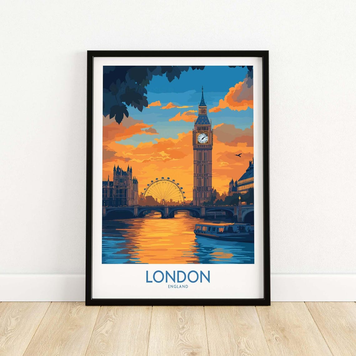 Thames River London Print Skyline With Big Ben Eye Wall Art Poster Artwork Travel Home Decor Gift Lovers Illustration