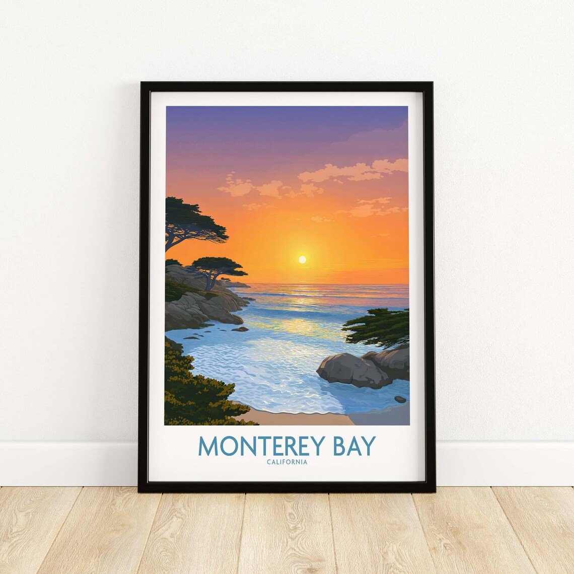 Monterey Bay California Sunset Rocky Cove Ocean Waves Travel Poster