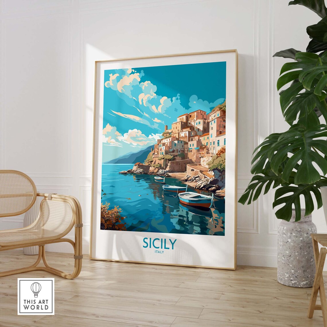 Sicily Italy Fishing Village Cliffs Moored Boats Coast Poster - Image 3