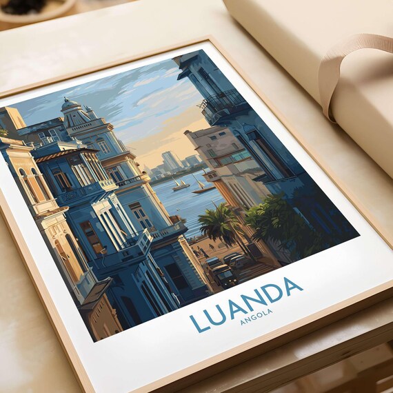 Luanda Angola Harbor Street Blue Facades Waterfront Travel Poster
