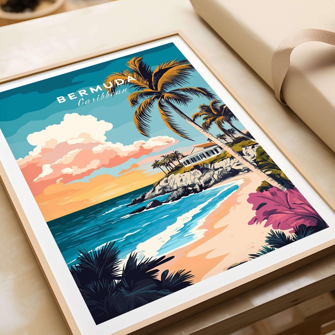 Bermuda Caribbean Sunset Beach Palm Tree And Ocean Villa Travel Poster - Image 4