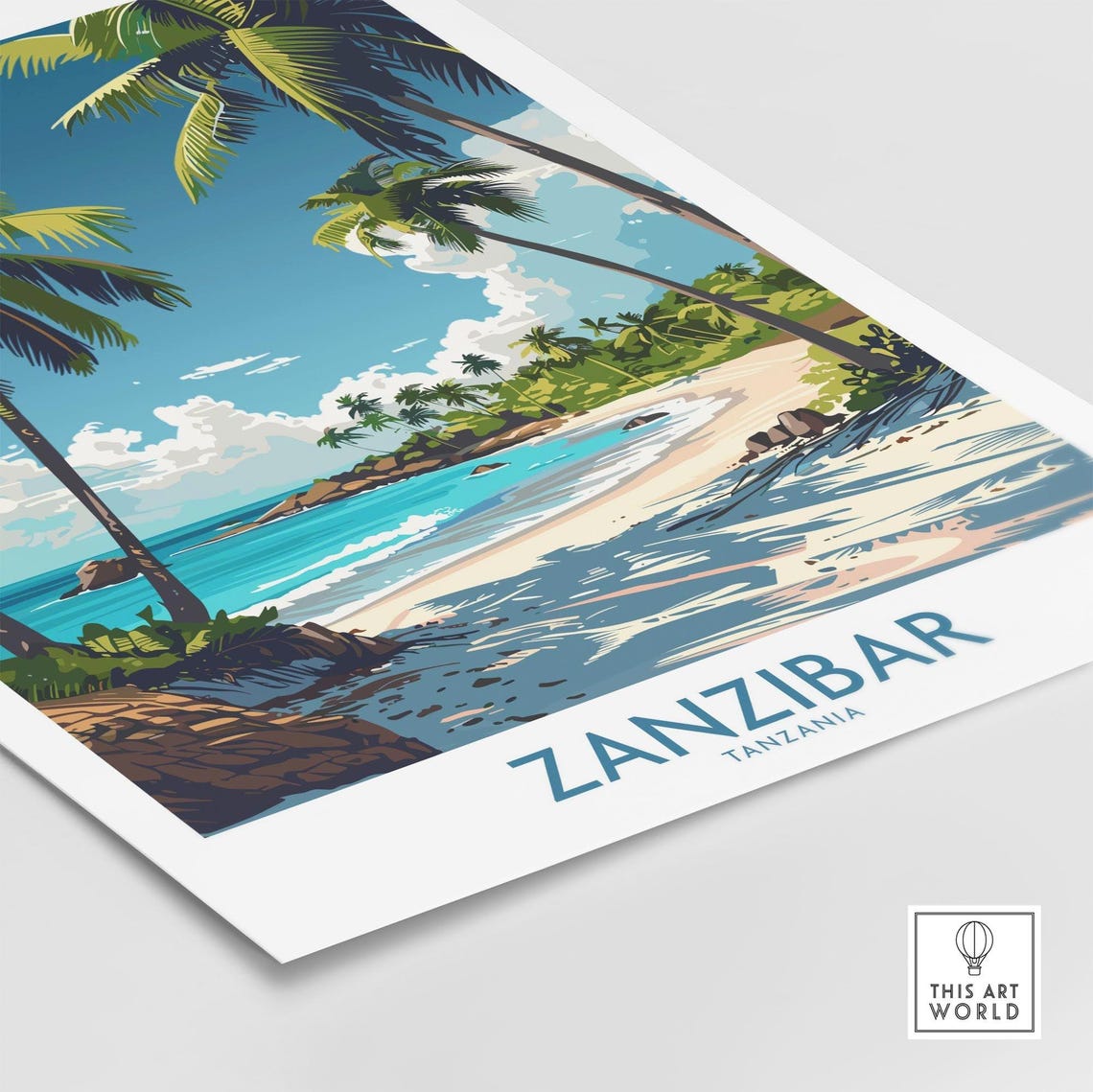 Zanzibar Tanzania Leaning Palm Trees White Sand Cove Tropical Poster - Image 4