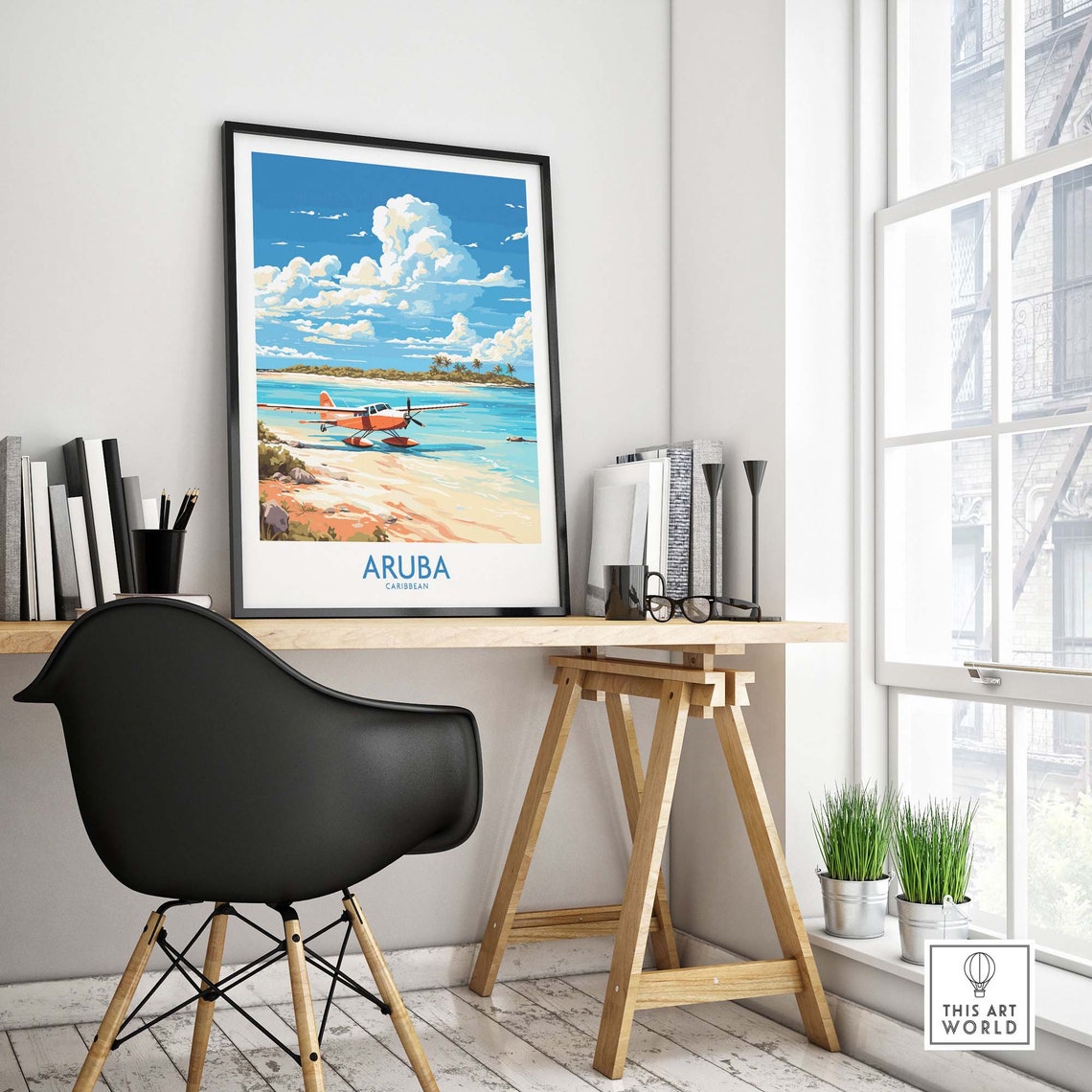 Aruba Caribbean Red Seaplane Tropical Beach Illustration Travel Poster - Image 4