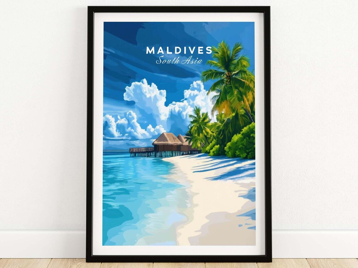 Maldives South Asia Tropical Beach Bungalow Vintage Travel Poster