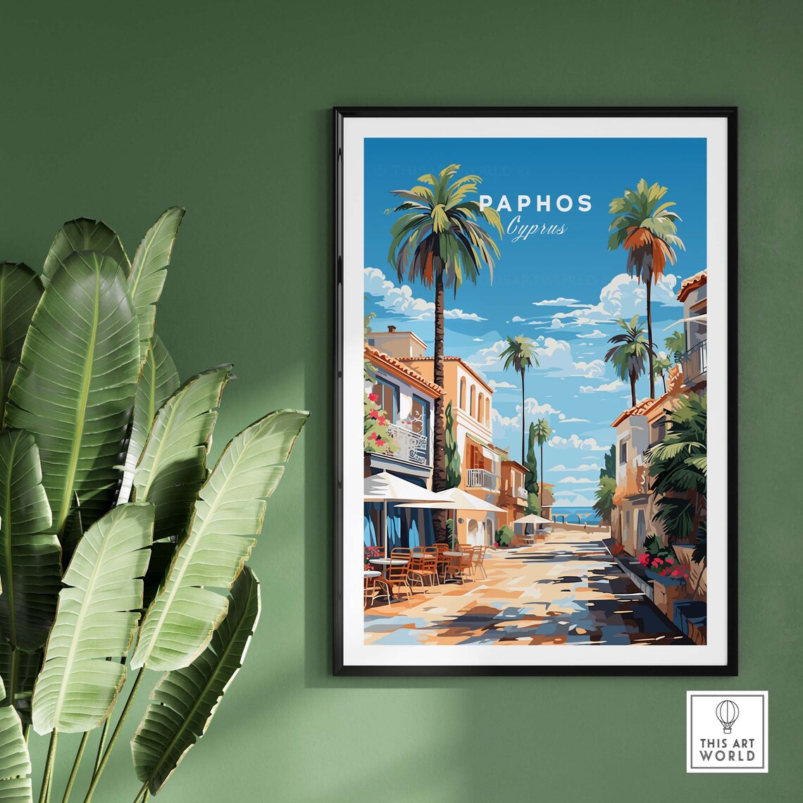 Paphos Cyprus Seaside Promenade Palm Trees Travel Art Poster - Image 2