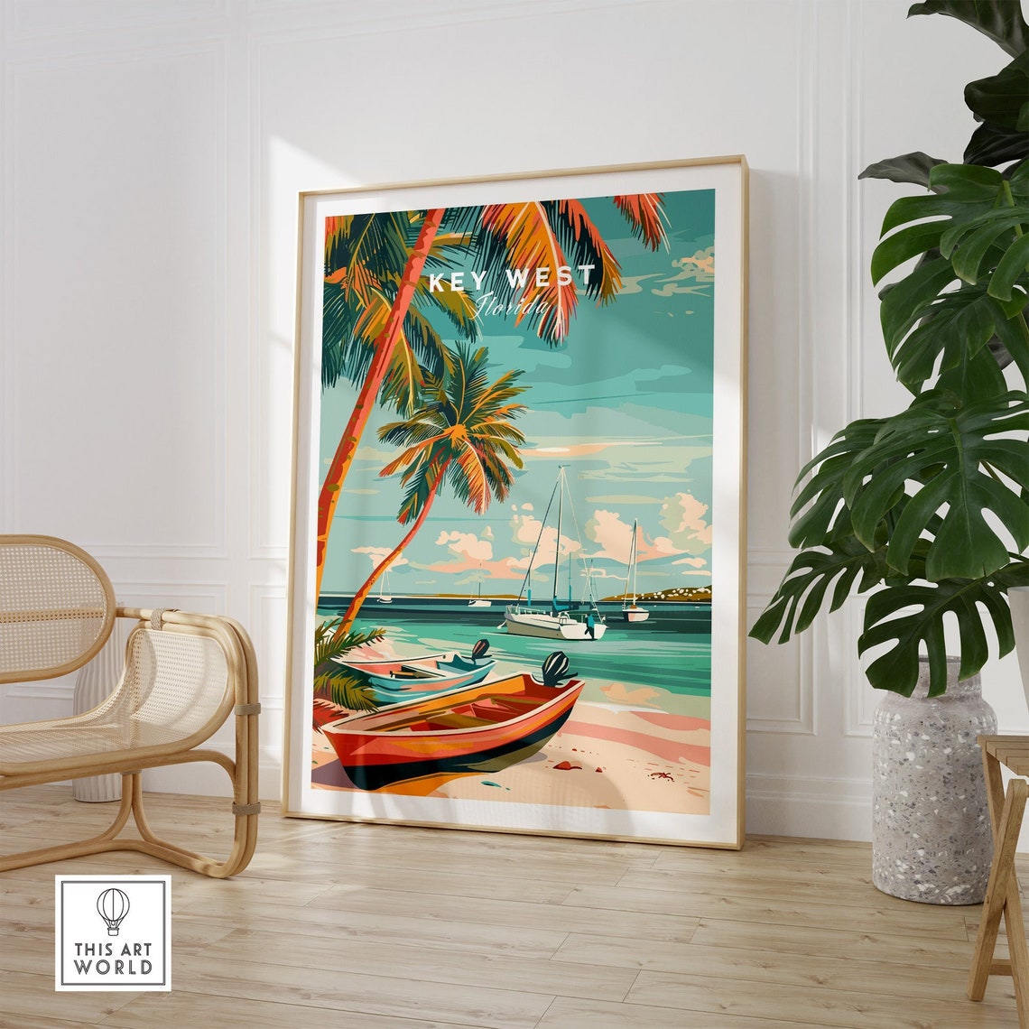 Key West Florida Sunset Boats Harbor Palm Trees Retro Poster - Image 2