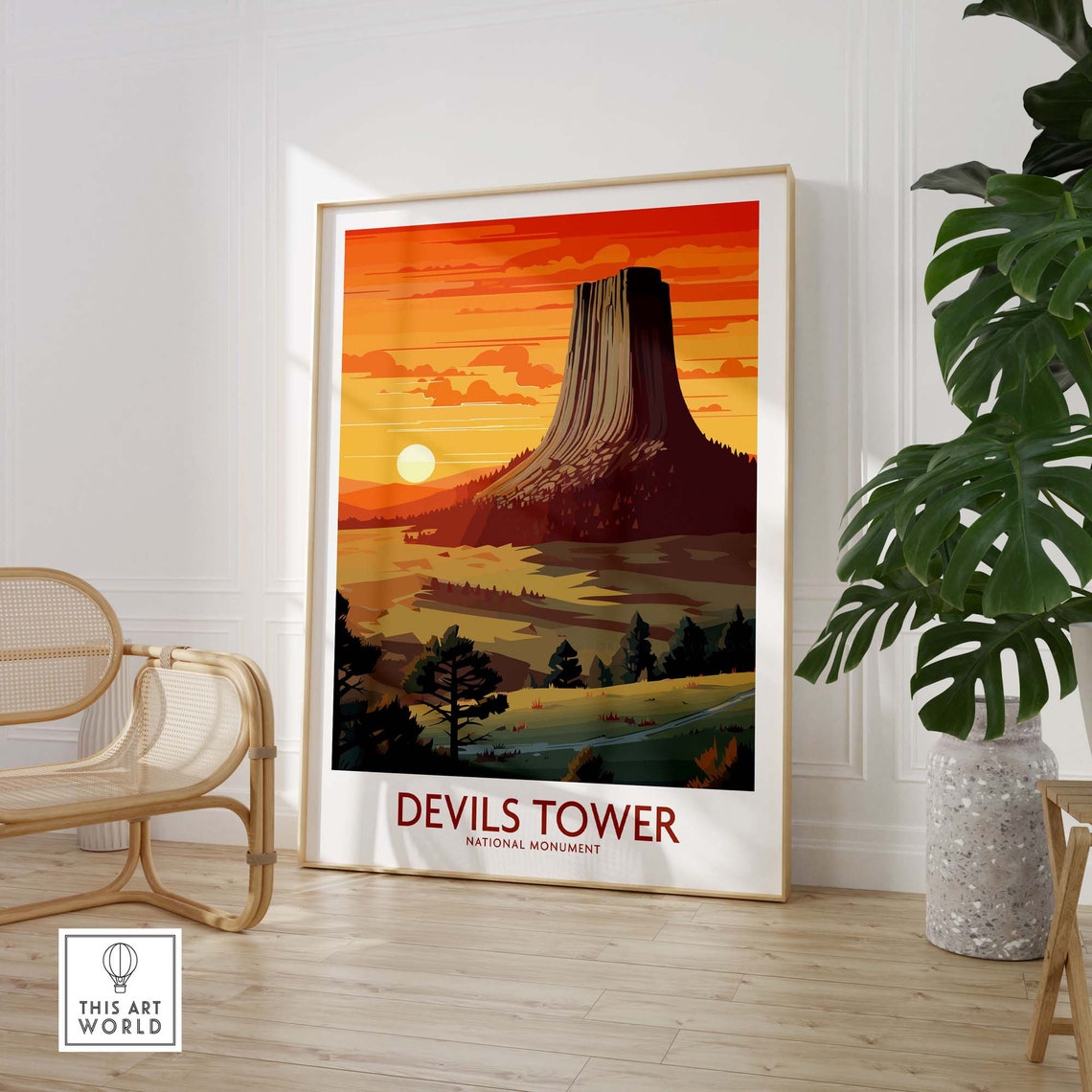 Devils Tower National Monument Wyoming Sunset Orange Sky Poster - Image 3