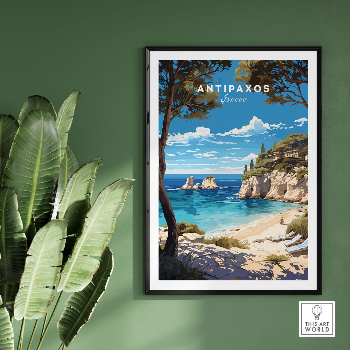 Antipaxos Greece Cliff Cove Turquoise Beach Illustration Poster - Image 2