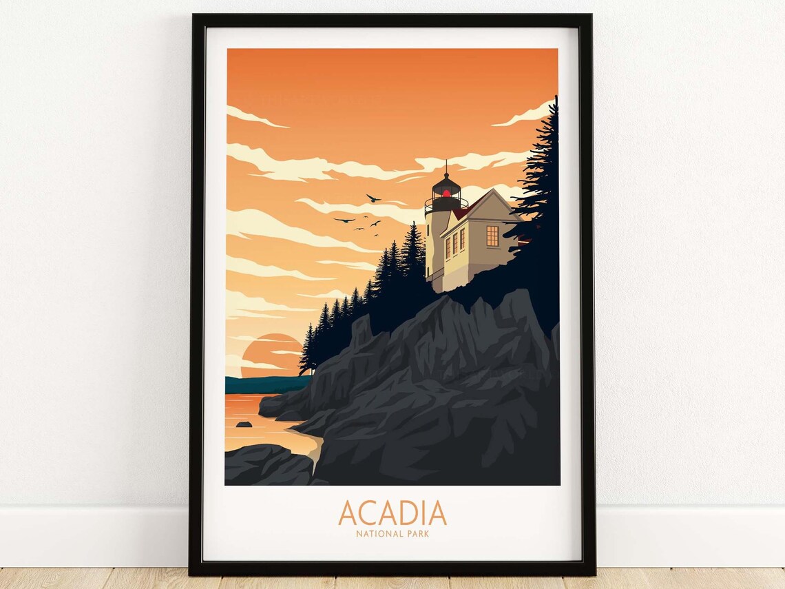 Acadia National Park Maine Lighthouse Sunset Illustration Travel Poster