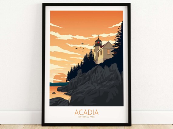 Acadia National Park Maine Lighthouse Sunset Illustration Travel Poster