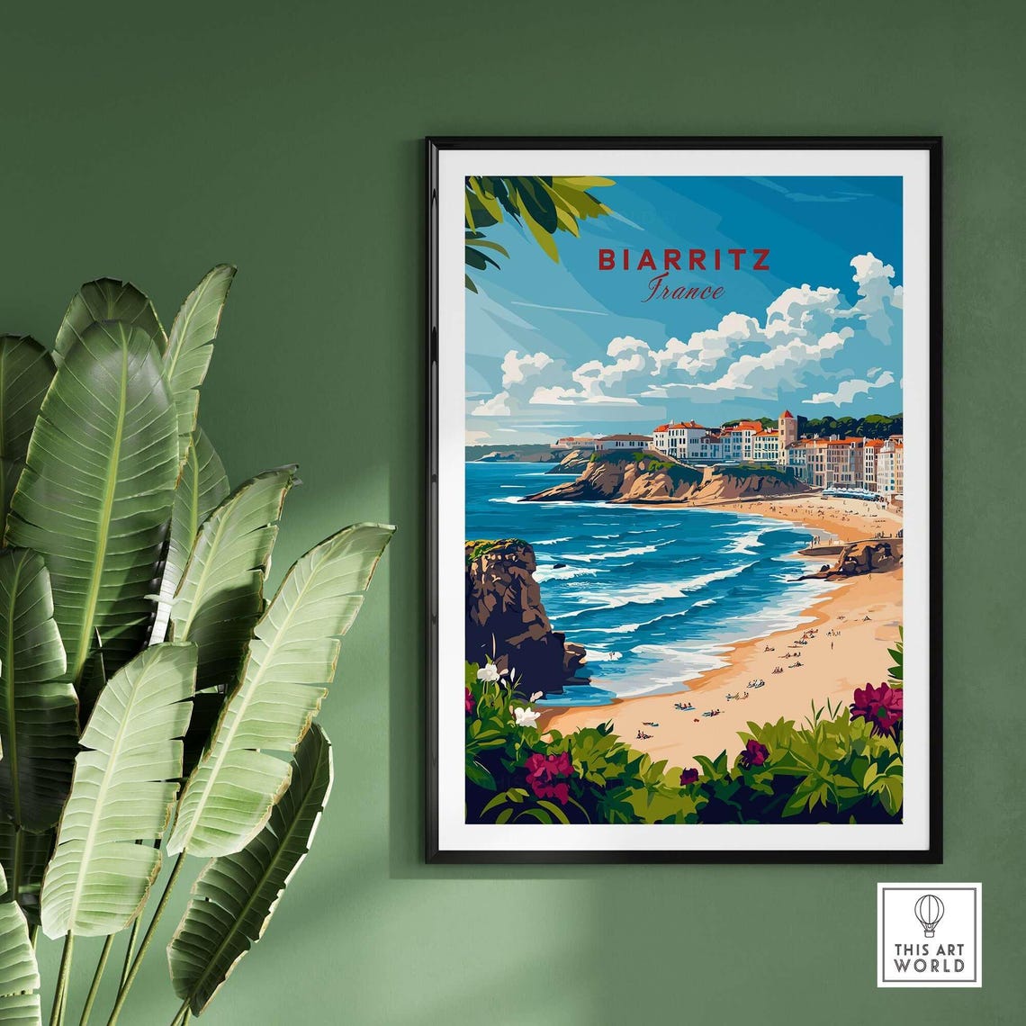 Biarritz France Sandy Beach Rocky Cliffs Vintage Travel Poster - Image 2